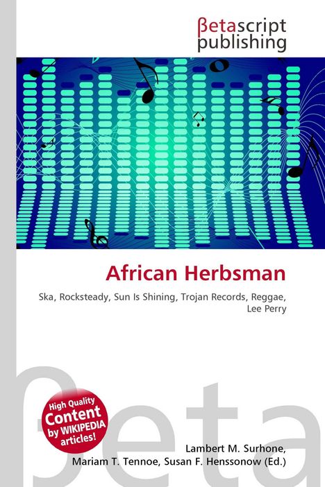 "African Herbsman" in roter Schrift, Musiknoten, Name „betascript publishing“ oben, blauer Hintergrund mit Balken.