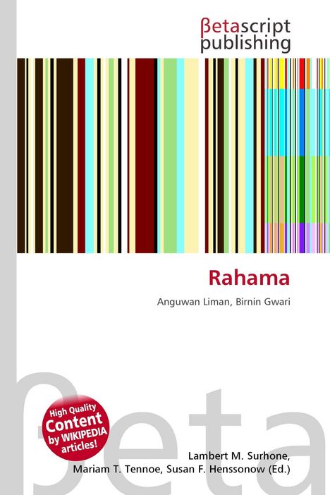 Rahama, Anguwan Liman, Birnin Gwari. Bunte vertikale Streifen, Betascript Publishing Logo oben.