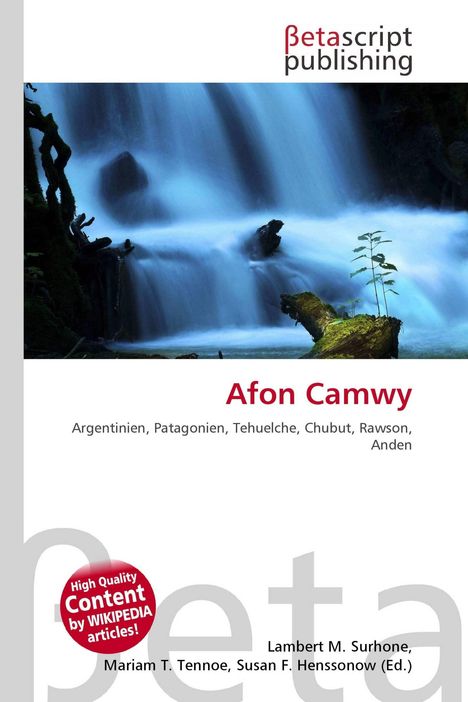 "Betascript publishing", "Afon Camwy", "Argentinien, Patagonien...". Ein Wasserfall mit blauen Tönen im Hintergrund.
