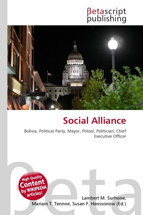 „Social Alliance“ Titel in Rot, darunter Begriffe wie „Bolivia“ und „Politician“. Nachtszene mit beleuchtetem Gebäude.