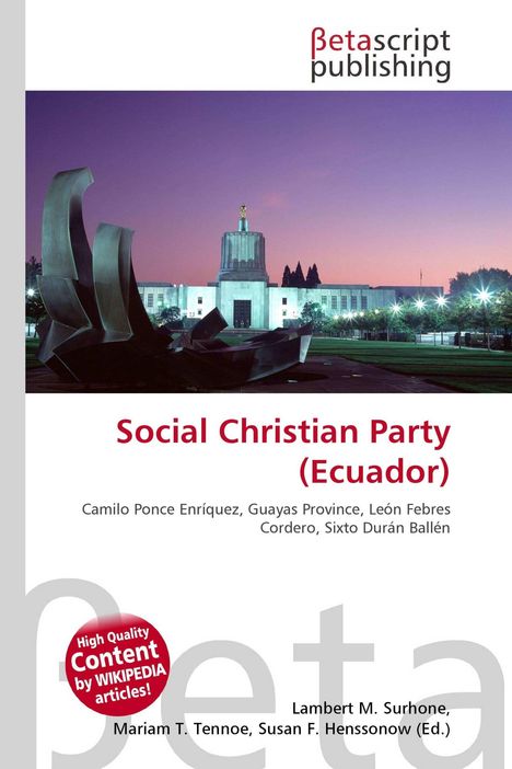 "Social Christian Party (Ecuador)" steht in roter Schrift. Staatsgebäude mit violettem Himmel im Hintergrund.
