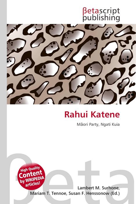 "Rahui Katene", "Māori Party, Ngati Kuia", bunte Musterung, Betascript Publishing Logo.