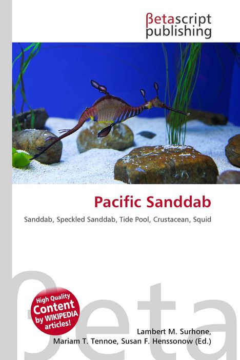 "Pacific Sanddab" in Rot, darunter Begriffe wie "Sanddab, Speckled Sanddab". Ein Seepferdchen schwimmt in einem Aquarium.