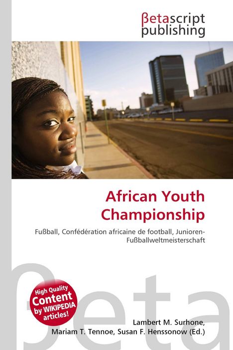 Text: "African Youth Championship". Eine Person schaut über die Schulter. Logos und Text in Rot und Schwarz.