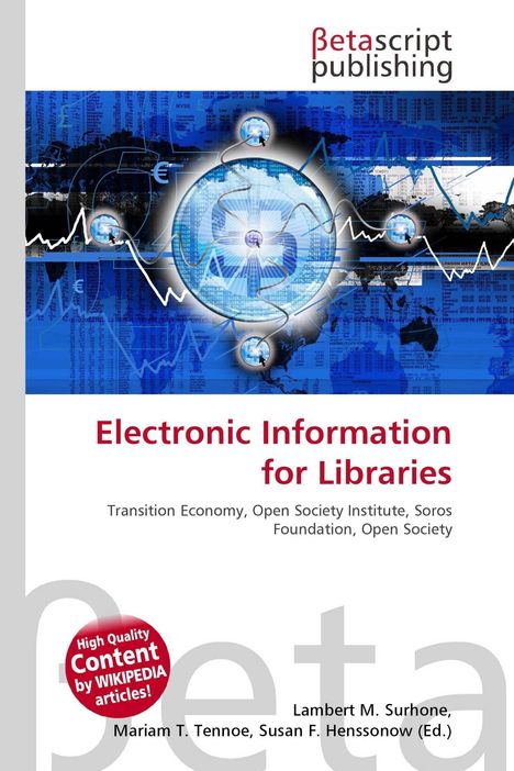 Betascript Publishing. Electronic Information for Libraries. Illustration mit Blau- und Weißtönen, Daten und Grafiken.