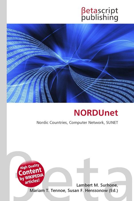 "Betascript Publishing", "NORDUnet", "Nordic Countries, Computer Network, SUNET", blaues digitales Netzwerk-Motiv.