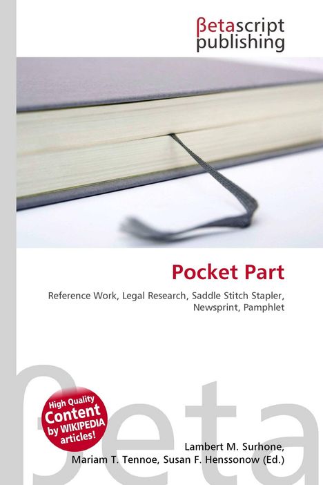 „Pocket Part. Reference Work, Legal Research...“ Ein Buch mit grauem Einband und Lesezeichen, Betascript-Logo.