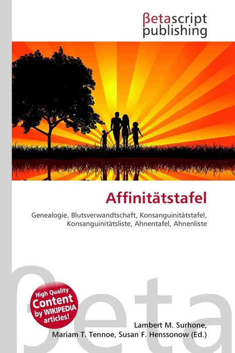 "Affinitätstafel" und Begriffe zur Genealogie. Silhouetten einer Familie und Baum vor oranger Sonne. Logo: Betascript Publishing.