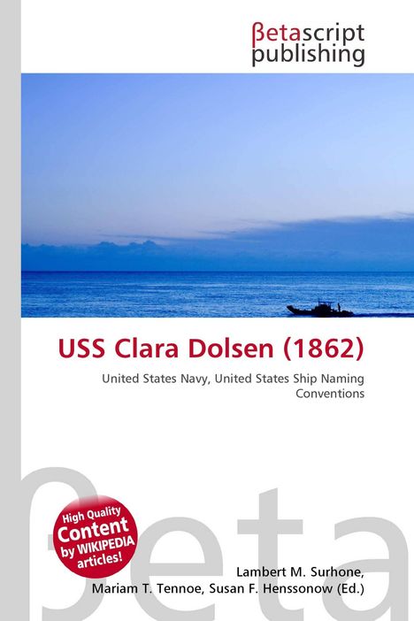 „USS Clara Dolsen (1862)“, „United States Navy“. Logo oben, Meer und Schiff im Hintergrund.