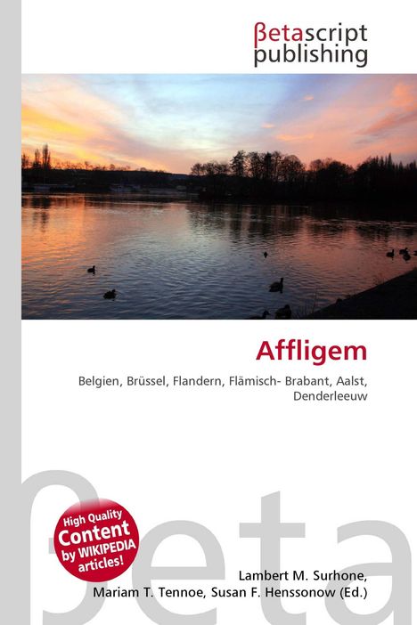 "Affligem. Belgien, Brüssel, Flandern, Flämisch-Brabant, Aalst, Denderleeuw." Logo oben, Bild zeigt einen ruhigen See im Sonnenuntergang.