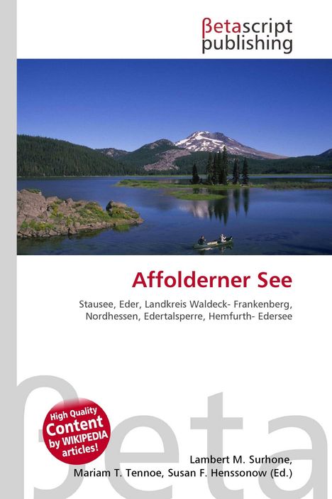 "Affolderner See" und Details. See, Wald und Berge. Oben "Betascript Publishing" Logo, unten rote Plakette zu Wikipedia.