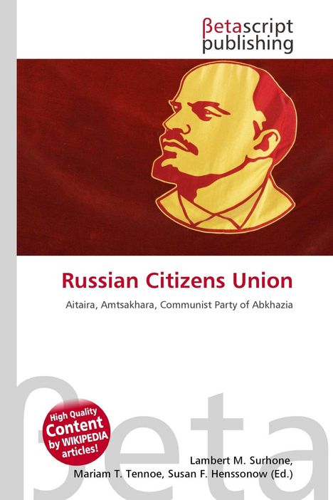 Text: "Russian Citizens Union" und "Content by WIKIPEDIA articles!". Illustration: Profil eines Mannes in Gelb auf rotem Hintergrund.