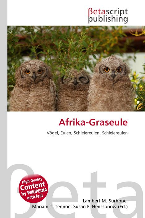 Titel: Afrika-Graseule. Drei junge Eulen mit flauschigem Gefieder und großen, neugierigen Augen sitzen vor grünem Gebüsch.