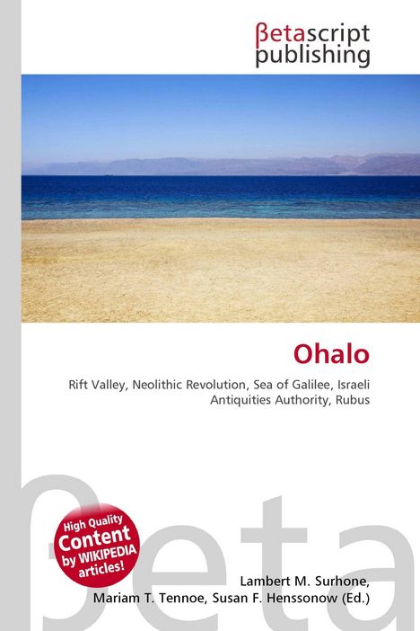 "Ohalo" in roter Schrift, darunter geografische und archäologische Begriffe. Oben ein Logo. Foto eines Strandes mit Meer.
