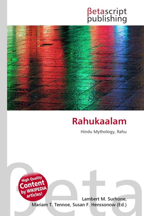 "Betascript publishing: Rahukaalam, Hindu Mythology, Rahu." Bunte Lichter spiegeln sich auf nassem Boden.