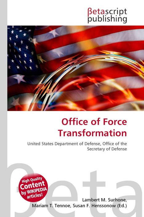 "Office of Force Transformation" in Rot. Darunter: "United States Department of Defense". Flagge und Kreise im Hintergrund.