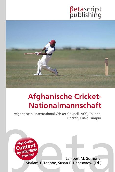 "Afghanische Cricket-Nationalmannschaft" steht in Rot über einem Cricketspieler in Aktion auf einem Feld.