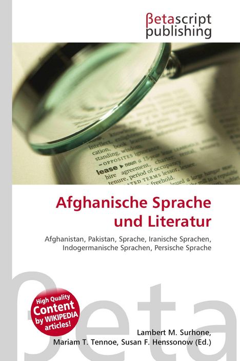 "Afghanische Sprache und Literatur" steht in Rot. Text über Afghanistan, Pakistan und Sprachen im Hintergrund, Lupe vergrößert Text.
