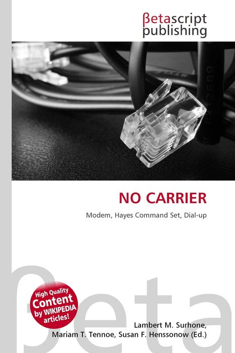 Text: "NO CARRIER", "Modem, Hayes Command Set, Dial-up". Schwarzweiß-Foto eines Telefonsteckers und Kabels.