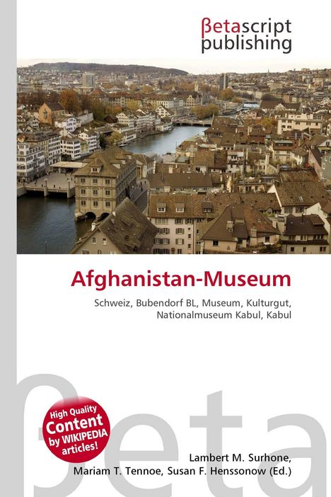 "Afghanistan-Museum" steht in Rot, darunter Details und Namen. Eine Stadtansicht mit Fluss und alten Gebäuden oben.