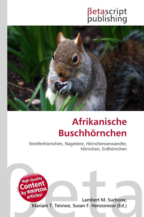 "Afrikanische Buschhörnchen" in roter Schrift. Darüber ein Hörnchen nah zu sehen, essend, mit grünem Hintergrund. Logo oben.