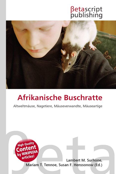"Betascript Publishing" oben, "Afrikanische Buschratt" groß mittig, Kind mit Ratte auf der Schulter, ruhige Stimmung.