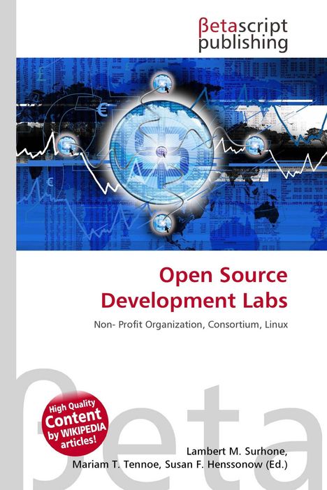 "Open Source Development Labs: Non-Profit Organization, Consortium, Linux." Blaues Tech-Design, rot-schwarzes Logo oben.