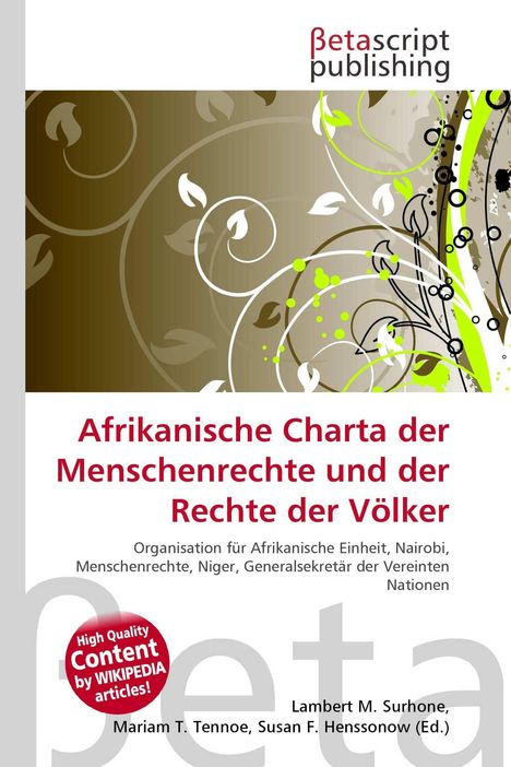 „Afrikanische Charta der Menschenrechte und der Rechte der Völker,“ brauner Hintergrund mit floralen Mustern, roter Text.