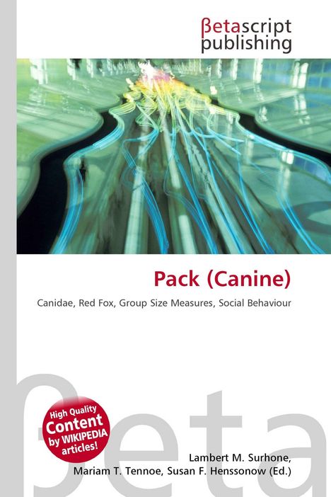 "Pack (Canine)" und weitere Begriffe. Verschwommene Lichter in Blau und Gelb. Logo: "Betascript Publishing".