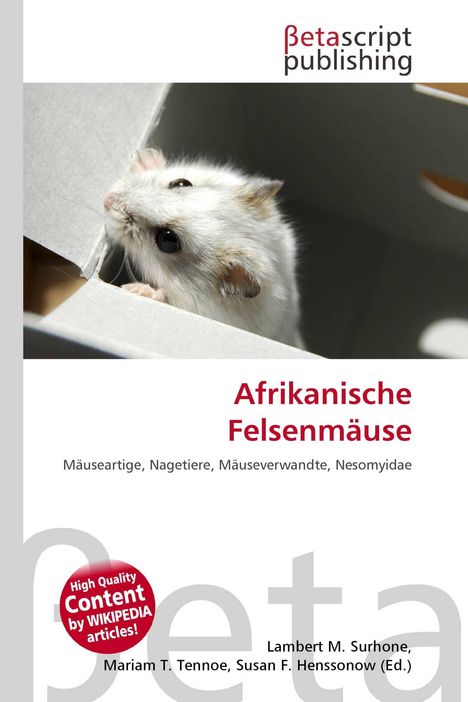 "Afrikanische Felsenmäuse" in roter Schrift. Weißes Nagetier schaut aus einem Karton. Oben "Betascript publishing" Logo.