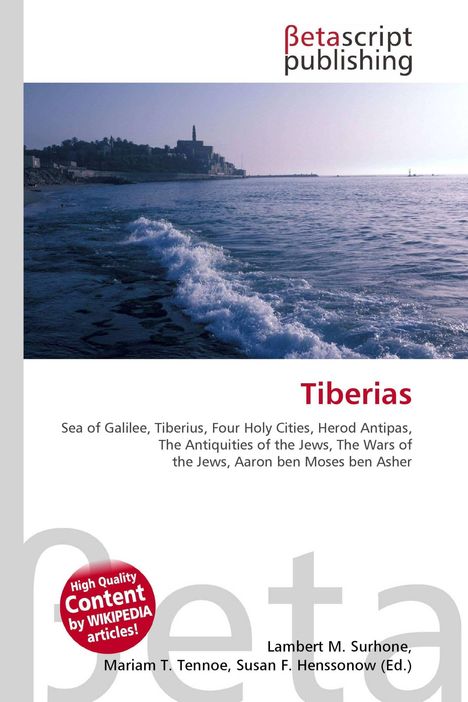 "Tiberias" in Rot, Bezug zur Region und historischen Ereignissen. Küste mit Wellen unter rosafarbenem Himmel im Hintergrund.