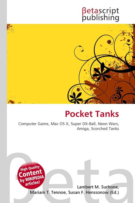 Titel: "Pocket Tanks". Untertitel: "Computer Game, Mac OS X, Super DX-Ball, Neon Wars, Amiga, Scorched Tanks". Gelbe Grafik mit Mustern.