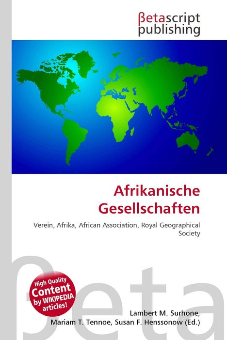 "Betascript publishing, Afrikanische Gesellschaften, Verein, Afrika, African Association, Royal Geographical Society." Eine Weltkarte.