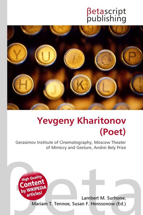 "Betascript publishing. Yevgeny Kharitonov (Poet). Goldene Schreibmaschinentasten, roter Kreis mit Text."