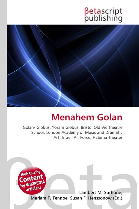 "Menahem Golan" in roter Schrift, blaue Lichtwellen auf schwarzem Hintergrund, Betascript Publishing Logo oben.