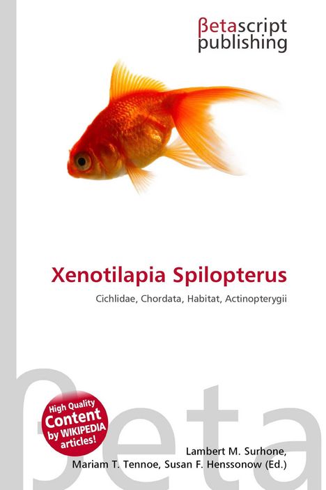 "Xenotilapia Spilopterus" und Autorenangaben auf weißem Hintergrund. Ein orangefarbener Fisch ist abgebildet.