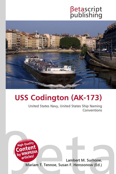 USS Codington (AK-173), United States Navy. Frachtschiff auf einem Fluss in einer Stadt, Verlagslogo oben.