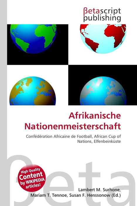 Text: "Afrikanische Nationenmeisterschaft", darunter ein Globus in vier Farbvarianten; Logo von Betascript Publishing.
