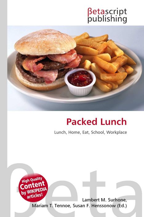 "Packed Lunch: Lunch, Home, Eat, School, Workplace." Ein Burger mit Pommes und Ketchup auf einem Teller.