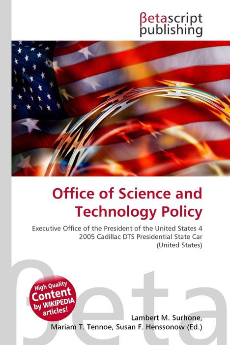 „Office of Science and Technology Policy“. Überlagertes Bild: US-Flagge und ein Rad. Logo: Betascript Publishing.