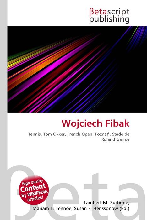 "Wojciech Fibak" in roter Schrift, darunter Tennis-Begriffe. Abstrakte, bunte Linien auf schwarzem Hintergrund.