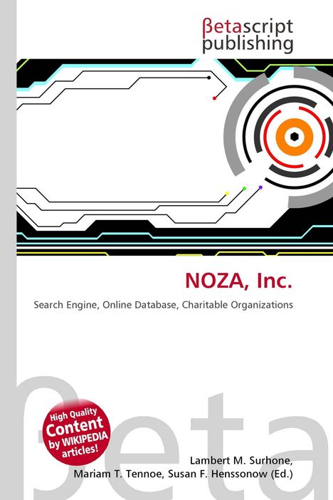 "NOZA, Inc." und darunter "Search Engine, Online Database, Charitable Organizations" befinden sich auf einer futuristischen Grafik.