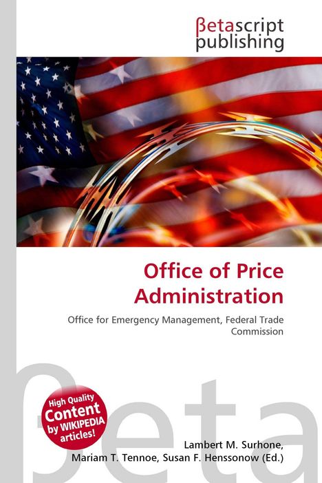 "Office of Price Administration" in roter Schrift auf weißem Hintergrund, Hintergrund: US-Flagge und verschwommene Formen.