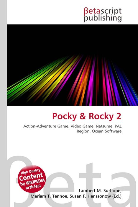 "Pocky & Rocky 2" in roter Schrift. Darunter: Action-Adventure Game. Oben Logo "Betascript Publishing". Bunte Lichtstreifen.
