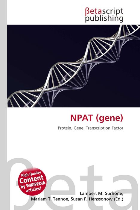 „NPAT (gene)“, „Protein, Gene, Transcription Factor“. Illustration einer DNA-Doppelhelix.
