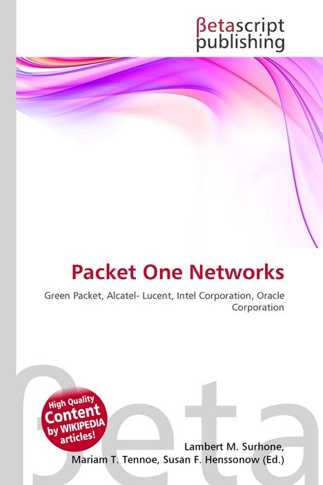 "Packet One Networks" und Firmennamen, darüber ein Logo. Farbig-schwingende Muster zieren den oberen Bereich.