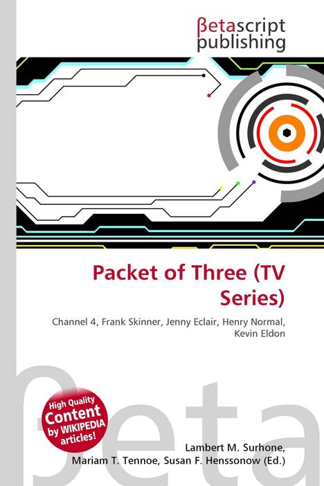 "Packet of Three (TV Series)" und Namen der Akteure. Futuristisches Design mit Linien und Kreisen, bunt und schwarz-weiß.