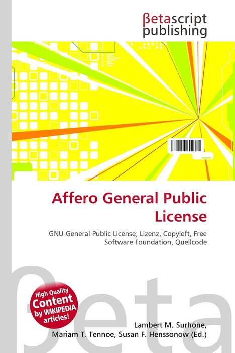 "Affero General Public License" steht in Rot, darunter Lizenzinformationen. Ein dynamisches gelb-oranges Design mit Quadraten.