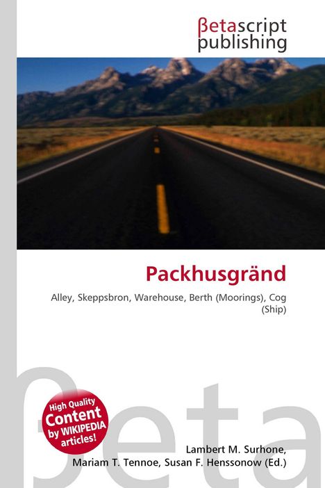 "Packhusgränd, Alley, Skeppsbron, Warehouse, Berth (Moorings), Cog (Ship)". Oben ein Verlag-Logo, darunter eine Straßenszene.