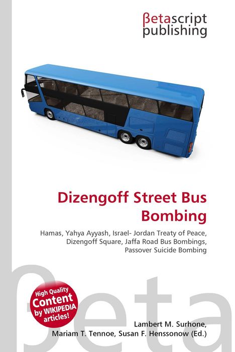 Text: "Dizengoff Street Bus Bombing", "Hamas, Yahya Ayyash...", darunter ein blauer Bus und ein Verlag-Logo oben.